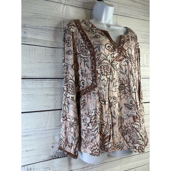 J Jill Women's L Tunic Blouse Long Sleeve Lace Floral Split V-Neck Pink/Brown - Picture 2 of 11